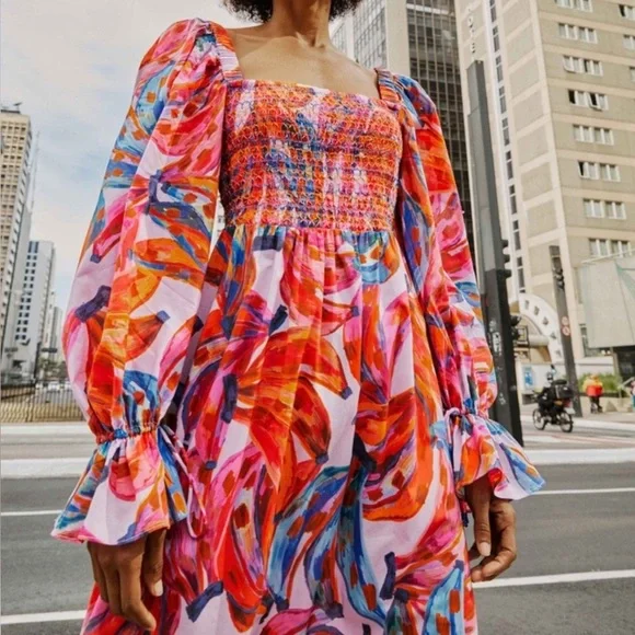 Farm Rio Colored Bananas Smocked Midi Dress - Picture 5 of 9